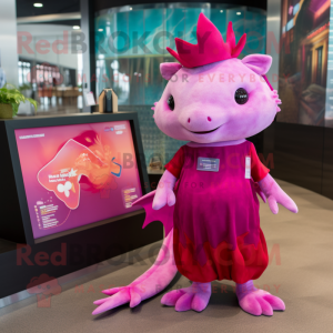 Magenta Axolotls mascot costume character dressed with a Shift Dress and Coin purses