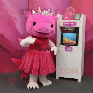Magenta Axolotls mascot costume character dressed with a Shift Dress and Coin purses