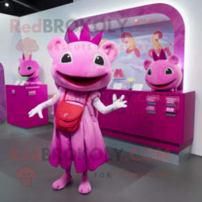 Magenta Axolotls mascot costume character dressed with a Shift Dress and Coin purses