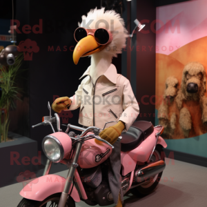 Beige Flamingo mascot costume character dressed with a Biker Jacket and Hair clips