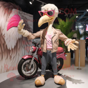 Beige Flamingo mascot costume character dressed with a Biker Jacket and Hair clips