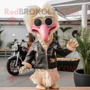 Beige Flamingo mascot costume character dressed with a Biker Jacket and Hair clips