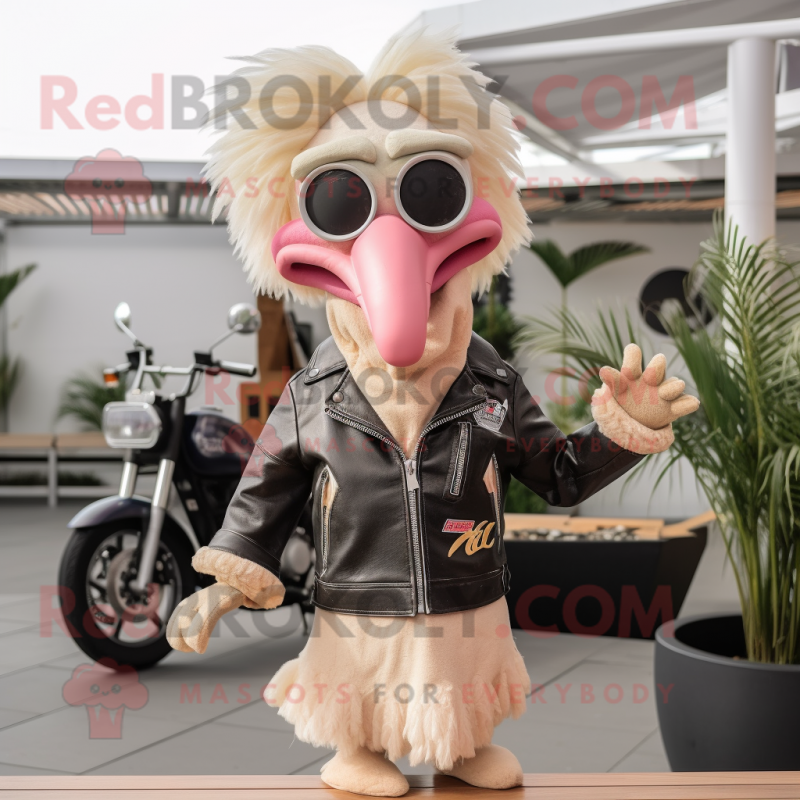 Beige Flamingo mascot costume character dressed with a Biker Jacket and Hair clips Beige Flamingo mascot costume character dressed with a Biker Jacket and Hair clips