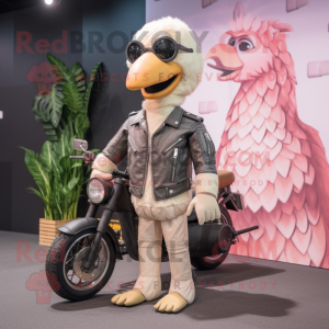 Beige Flamingo mascot costume character dressed with a Biker Jacket and Hair clips