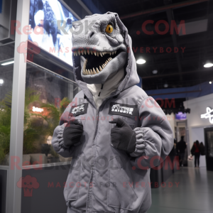 Gray Tyrannosaurus mascot costume character dressed with a Parka and Keychains