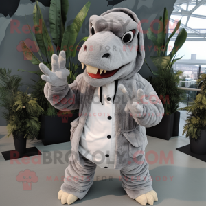 Gray Tyrannosaurus mascot costume character dressed with a Parka and Keychains