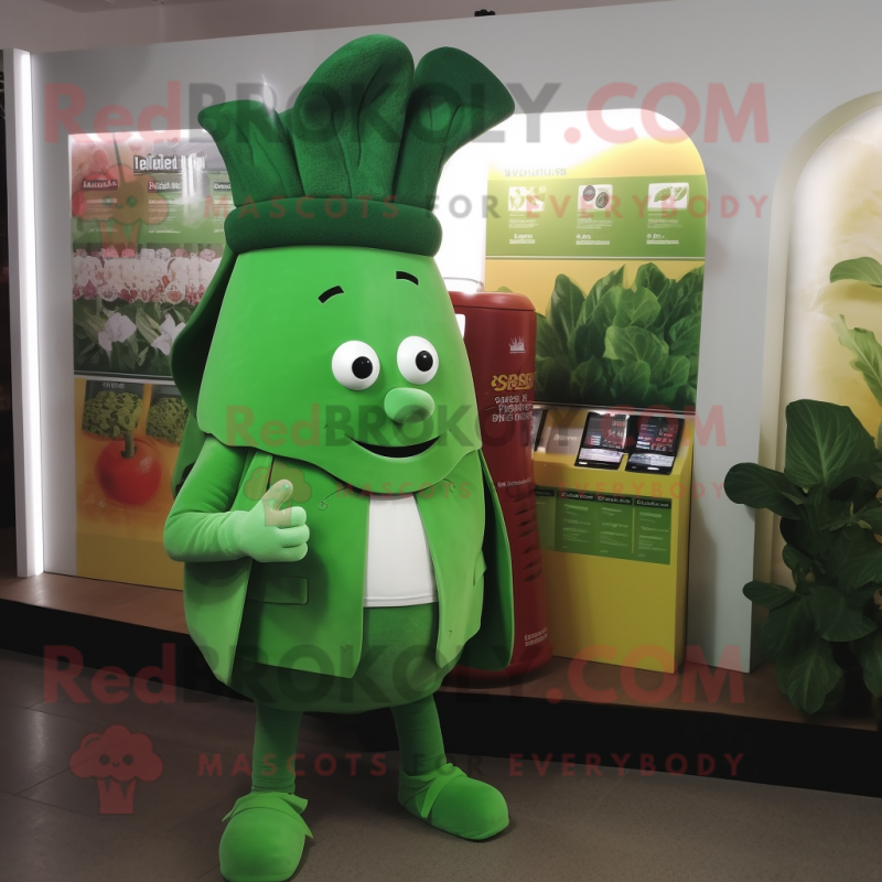 Green Beet mascot costume character dressed with a Culottes and Wallets Green Beet mascot costume character dressed with a Culottes and Wallets