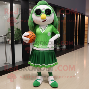 Forest Green Volleyball Ball mascot costume character dressed with a Wrap Skirt and Eyeglasses