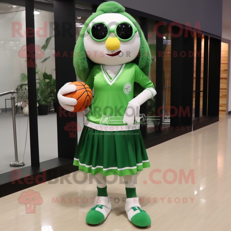 Forest Green Volleyball Ball mascot costume character dressed with a Wrap Skirt and Eyeglasses