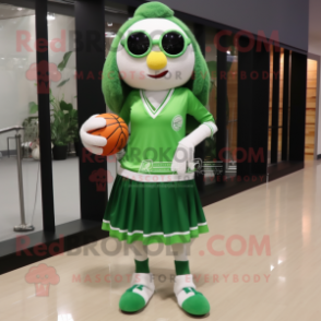 Forest Green Volleyball Ball mascot costume character dressed with a Wrap Skirt and Eyeglasses