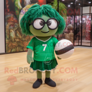 Forest Green Volleyball Ball mascot costume character dressed with a Wrap Skirt and Eyeglasses