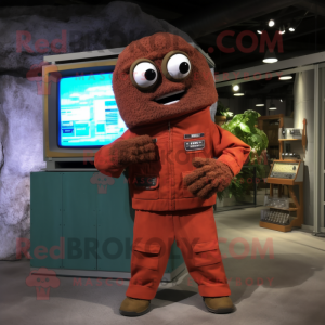 Rust Television mascot costume character dressed with a Jumpsuit and Handbags