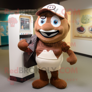 Brown Computer mascot costume character dressed with a Baseball Tee and Tote bags