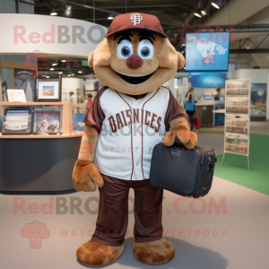 Brown Computer mascot costume character dressed with a Baseball Tee and Tote bags