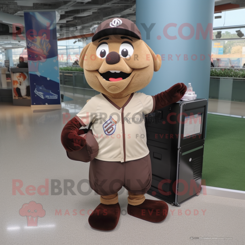 Brown Computer mascot costume character dressed with a Baseball Tee and Tote bags Brown Computer mascot costume character dressed with a Baseball Tee and Tote bags