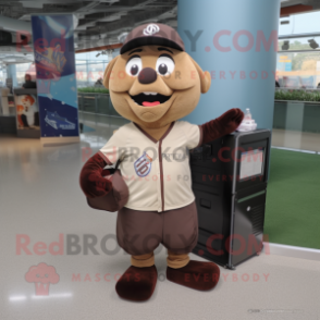 Brown Computer mascot costume character dressed with a Baseball Tee and Tote bags