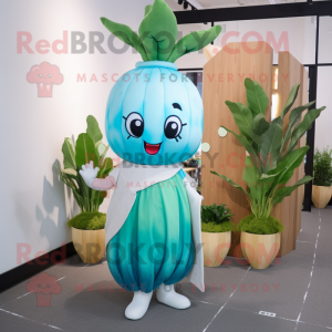 Cyan Radish mascot costume character dressed with a Maxi Dress and Hairpins