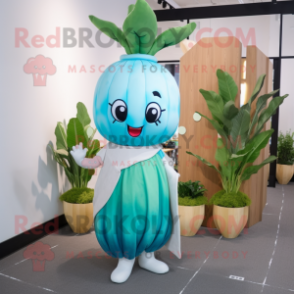 Cyan Radish mascot costume character dressed with a Maxi Dress and Hairpins