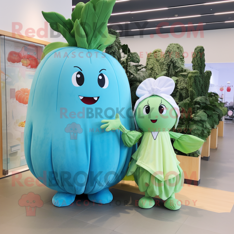 Cyan Radish mascot costume character dressed with a Maxi Dress and Hairpins