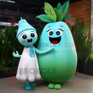 Cyan Radish mascot costume character dressed with a Maxi Dress and Hairpins