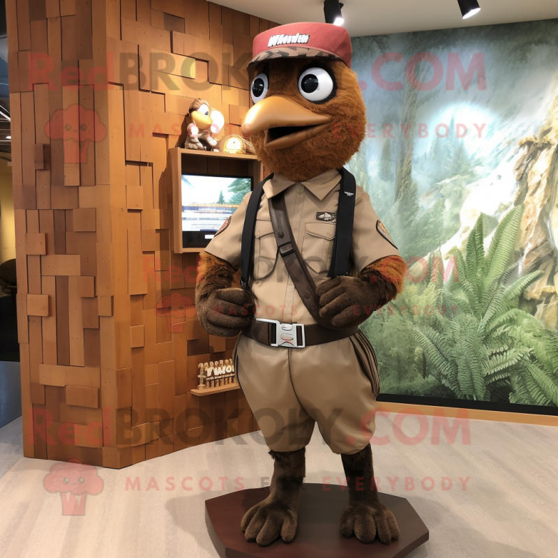 Brown Woodpecker mascot costume character dressed with a Cargo Shorts and Tie pins Brown Woodpecker mascot costume character dressed with a Cargo Shorts and Tie pins