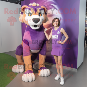 Purple Smilodon mascot costume character dressed with a Pencil Skirt and Anklets