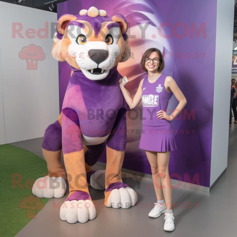 Purple Smilodon mascot costume character dressed with a Pencil Skirt and Anklets Purple Smilodon mascot costume character dressed with a Pencil Skirt and Anklets