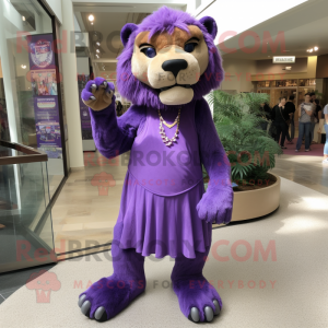 Purple Smilodon mascot costume character dressed with a Pencil Skirt and Anklets