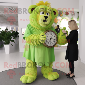 Lime Green Tamer Lion mascot costume character dressed with a Maxi Dress and Smartwatches