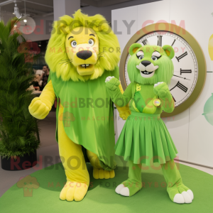 Lime Green Tamer Lion mascot costume character dressed with a Maxi Dress and Smartwatches