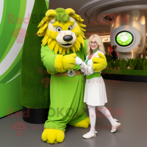 Lime Green Tamer Lion mascot costume character dressed with a Maxi Dress and Smartwatches