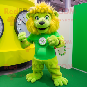Lime Green Tamer Lion mascot costume character dressed with a Maxi Dress and Smartwatches