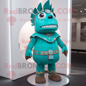 Turquoise Chief mascot costume character dressed with a Sheath Dress and Anklets