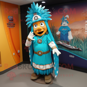 Turquoise Chief mascot costume character dressed with a Sheath Dress and Anklets