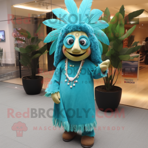 Turquoise Chief mascot costume character dressed with a Sheath Dress and Anklets