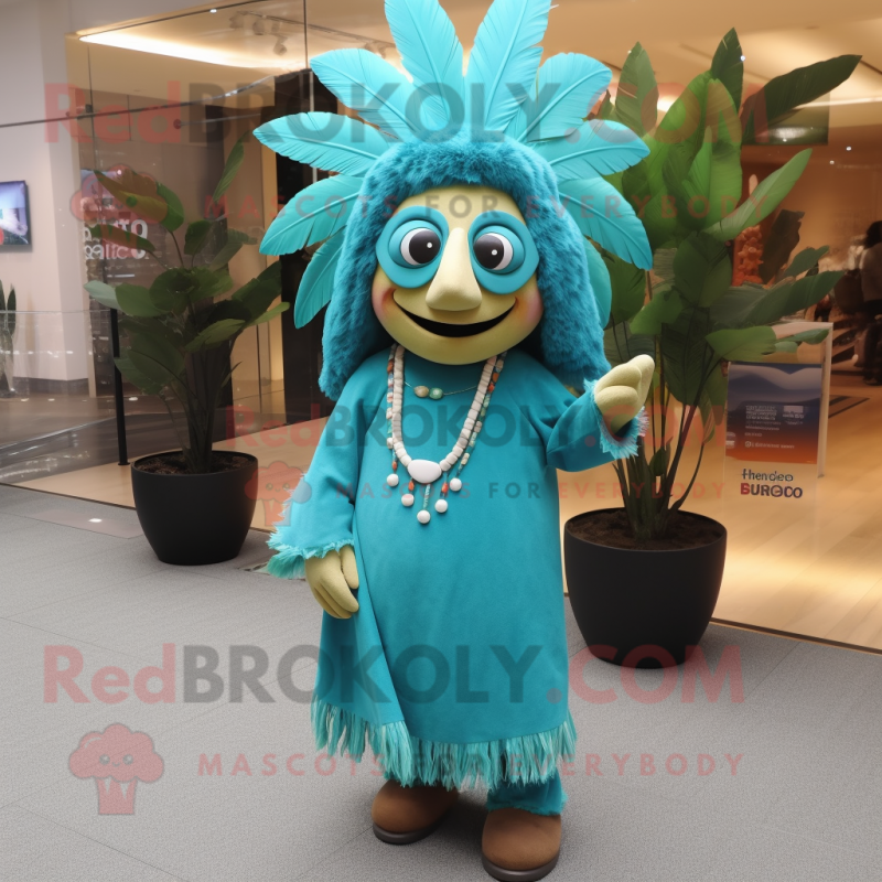 Turquoise Chief mascot costume character dressed with a Sheath Dress and Anklets