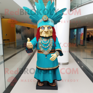 Turquoise Chief mascot costume character dressed with a Sheath Dress and Anklets