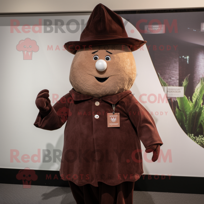Brown Beet mascot costume character dressed with a Blouse and Hat pins Brown Beet mascot costume character dressed with a Blouse and Hat pins