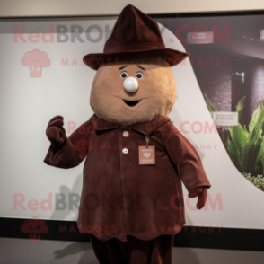 Brown Beet mascot costume character dressed with a Blouse and Hat pins