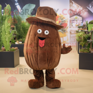 Brown Beet mascot costume character dressed with a Blouse and Hat pins