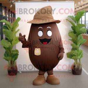 Brown Beet mascot costume character dressed with a Blouse and Hat pins