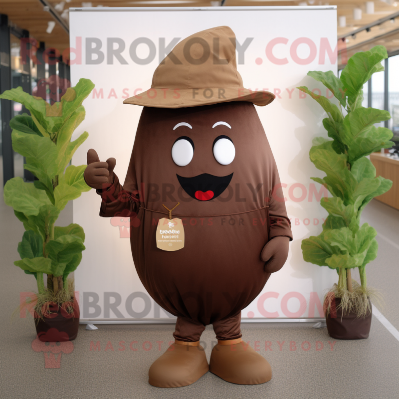 Brown Beet mascot costume character dressed with a Blouse and Hat pins Brown Beet mascot costume character dressed with a Blouse and Hat pins