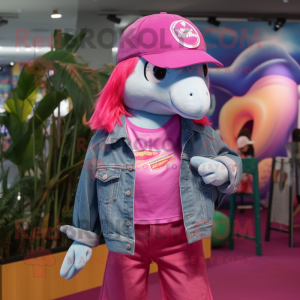 Magenta Dolphin mascot costume character dressed with a Denim Shorts and Berets