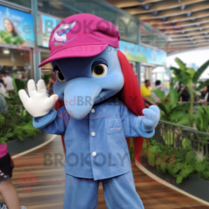 Magenta Dolphin mascot costume character dressed with a Denim Shorts and Berets