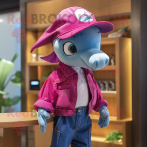 Magenta Dolphin mascot costume character dressed with a Denim Shorts and Berets