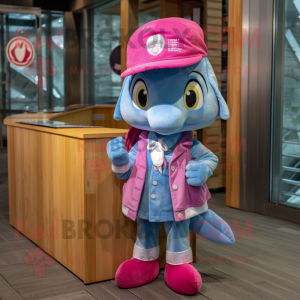 Magenta Dolphin mascot costume character dressed with a Denim Shorts and Berets