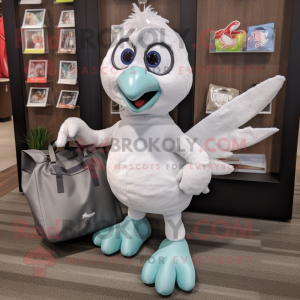 Silver Dove mascot costume character dressed with a Running Shorts and Tote bags