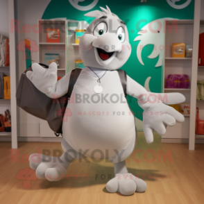 Silver Dove mascot costume character dressed with a Running Shorts and Tote bags