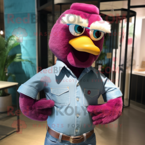 Magenta Gosling mascot costume character dressed with a Chambray Shirt and Bracelets