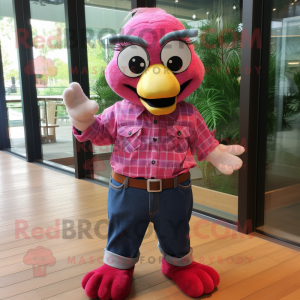 Magenta Gosling mascot costume character dressed with a Chambray Shirt and Bracelets